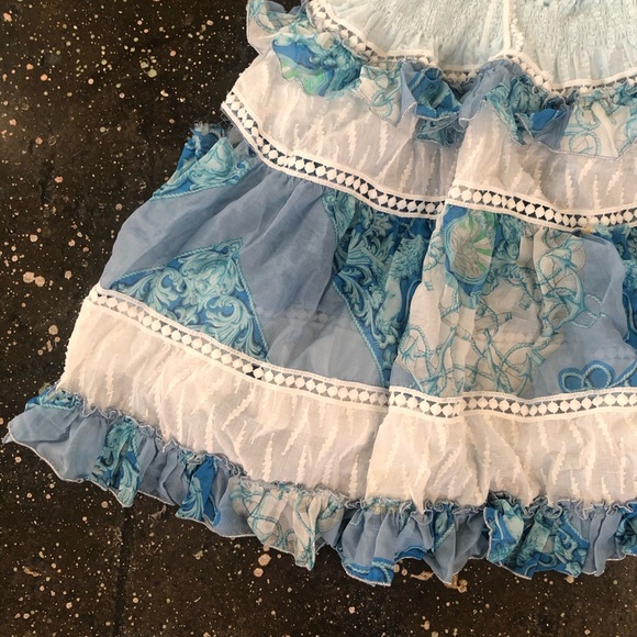 CHIO Silk Ruffle Macrame Mini Dress Blue White - Picture 7 of 9